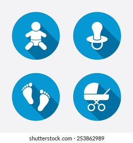 Baby infants icons. Toddler boy with diapers symbol. Buggy and dummy signs. Child pacifier and pram stroller. Child footprint step sign. Circle concept web buttons. Vector