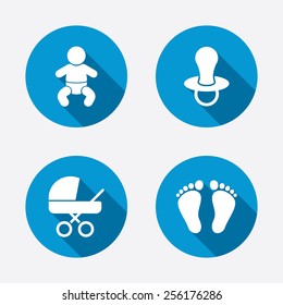 Baby infants icons. Toddler boy with diapers symbol. Buggy and dummy signs. Child pacifier and pram stroller. Child footprint step sign. Circle concept web buttons. Vector