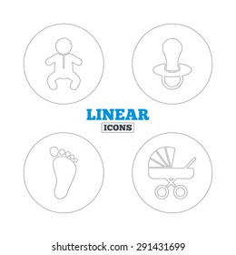 Baby infants icons. Toddler boy with diapers symbol. Buggy and dummy signs. Child pacifier and pram stroller. Child footprint step sign. Linear outline web icons. Vector