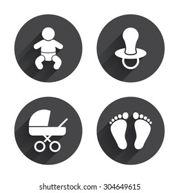 Baby infants icons. Toddler boy with diapers symbol. Buggy and dummy signs. Child pacifier and pram stroller. Child footprint step sign. Circles buttons with long flat shadow. Vector