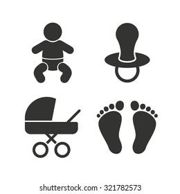 Baby infants icons. Toddler boy with diapers symbol. Buggy and dummy signs. Child pacifier and pram stroller. Child footprint step sign. Flat icons on white. Vector