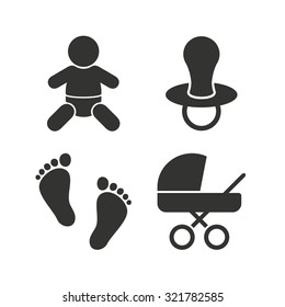 Baby infants icons. Toddler boy with diapers symbol. Buggy and dummy signs. Child pacifier and pram stroller. Child footprint step sign. Flat icons on white. Vector