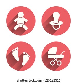 Baby infants icons. Toddler boy with diapers symbol. Buggy and dummy signs. Child pacifier and pram stroller. Child footprint step sign. Pink circles flat buttons with shadow. Vector