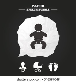 Baby infants icons. Toddler boy with diapers symbol. Buggy and dummy signs. Child pacifier and pram stroller. Child footprint step sign. Paper speech bubble with icon.