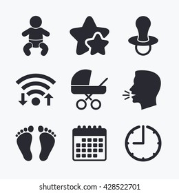 Baby infants icons. Toddler boy with diapers symbol. Buggy and dummy signs. Child pacifier and pram stroller. Child footprint step sign. Wifi internet, favorite stars, calendar and clock.