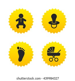 Baby infants icons. Toddler boy with diapers symbol. Buggy and dummy signs. Child pacifier and pram stroller. Child footprint step sign. Yellow stars labels with flat icons. Vector