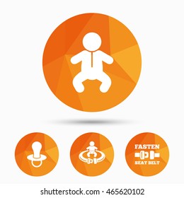 Baby infants icons. Toddler boy with diapers symbol. Fasten seat belt signs. Child pacifier and pram stroller. Triangular low poly buttons with shadow. Vector