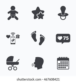 Baby infants icons. Toddler boy with diapers symbol. Buggy and dummy signs. Child pacifier and pram stroller. Child footprint step sign. Flat talking head, calendar icons. Stars, like counter icons.