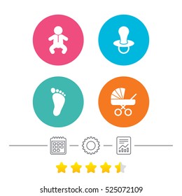 Baby infants icons. Toddler boy with diapers symbol. Buggy and dummy signs. Child pacifier and pram stroller. Child footprint step sign. Calendar, cogwheel and report linear icons. Star vote ranking