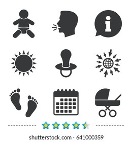 Baby infants icons. Toddler boy with diapers symbol. Buggy and dummy signs. Child pacifier and pram stroller. Child footprint step sign. Information, go to web and calendar icons. Vector