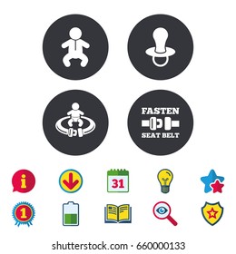 Baby infants icons. Toddler boy with diapers symbol. Fasten seat belt signs. Child pacifier and pram stroller. Calendar, Information and Download signs. Stars, Award and Book icons. Vector