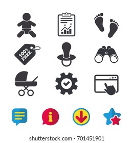 Baby infants icons. Toddler boy with diapers symbol. Buggy and dummy signs. Child pacifier and pram stroller. Child footprint step sign. Browser window, Report and Service signs. Vector