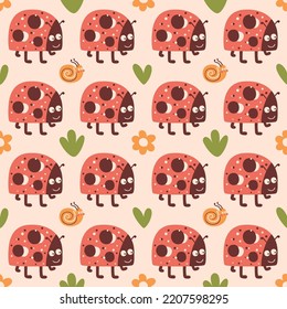 Baby insect seamless pattern. Cute baby ladybug background, childish insect print. Little lady bug digital paper. Sweet kids wallpaper. Vector illustration summer insect character. Kids fabric design