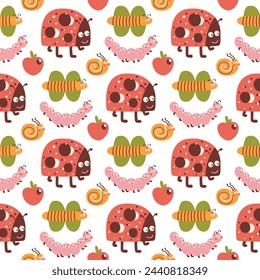 Baby insects pattern. Vector cute bugs cartoon repeat background on a white background, funny kids wallpaper with ladybug, caterpillar, butterfly, snail. Colorful print, textile design, wrapping paper