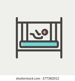 Baby inside the crib icon thin line for web and mobile, modern minimalistic flat design. Vector icon with dark grey outline and offset colour on light grey background.