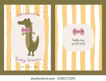 Baby invitation card for birthday party with cute kids crocodile animal. Funny alligator flat illustration. Vector baby invite design.