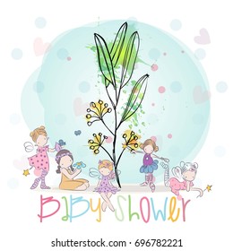 Baby invitation card with girls and flower, vector