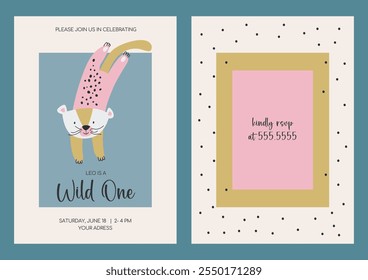 Baby invitation card printable design for birthday party with cute tiger animal. Funny leopard flat illustration. Vector baby invite design.