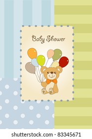 baby invitation with teddy bear and balloons