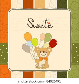 baby invitation with teddy bear and balloons