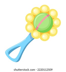 Baby item icon in realistic flat design. Image with colorful rattle handle for child and kid. Fun shake and joy activity and education for newborn. Vector illustration isolated on white background.