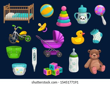 Baby item icons with vector toys and child care products. Bottle, rattle and pacifier, stroller, diaper and stuffed bear, crib, socks and sippy cup, rubber duck, thermometer and ball, bicycle, blocks