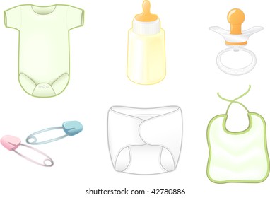 Baby Item Set of onesie, bottle, pacifier, safety pins, diaper, and bib