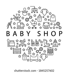 Banner de círculo de elementos para bebés con iconos de línea plana. Plantilla para tienda de bebés. En el centro puede escribir cualquier texto
