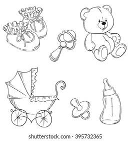 Baby items collection. Baby stroller, pacifier, Teddy bear, bottle, booties, rattle. Vector illustration cartoon.