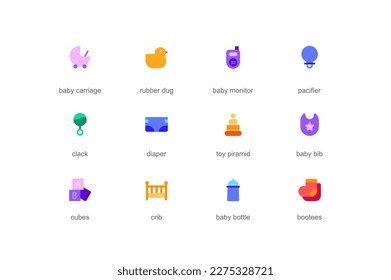 Baby items concept web icons set in color flat design  Pack child carriage  rubber duck  pacifier  diaper  pyramid  bib  cubes  crib  bottle  booties   other  Vector pictograms for mobile app