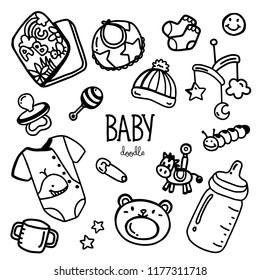 Baby items doodle. Hand drawing styles for baby item.