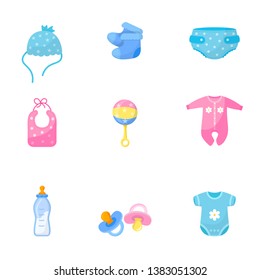 Baby items flat vector illustrations set. Children clothes. Boy and girl cliparts collection. Blue and pink kids stickers pack. Motherhood design elements. Toddler romper, milk bottle, shoes