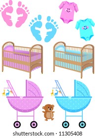 Baby Items and Foot Prints Vector Illustrations