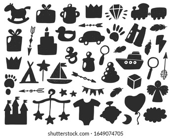 Baby items hand drawn vector silhouettes set. Child grunge collection. Newborn and children pack. Girl and boy toys, safety, accessories, food, crib, furniture, feeding, birthday design elements