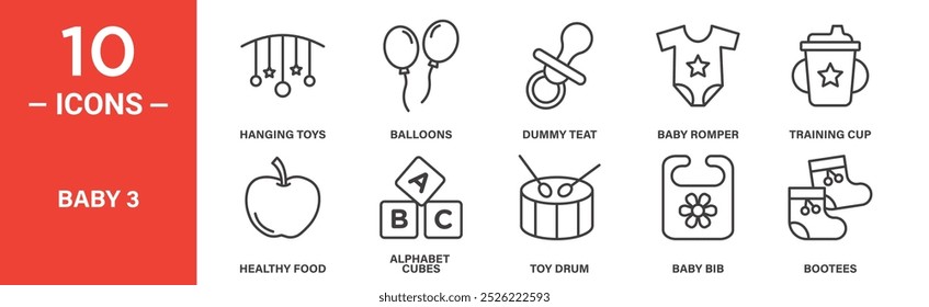 Baby Items Icon Set: 10 Line Icons Including Dummy Teat, Baby Romper, Alphabet Cubes, and Training Cup