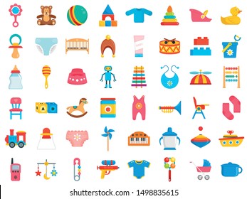 Baby items icon set. Flat set of baby items vector icons for web design
