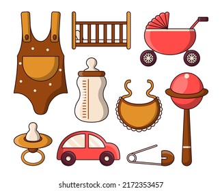 Baby items icon set with toys and accessory for kids in cartoon style, Vector illustration isolated on white background