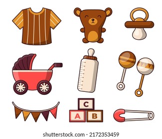Baby items icon set with toys and accessory for kids in cartoon style, Vector illustration isolated on white background