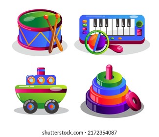 Baby items icon set with toys for kids with drum, keyboard music, and education toys in cartoon style, Vector illustration isolated on white background
