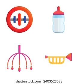 Baby items icons set cartoon vector. Baby care accessory. Childhood concept