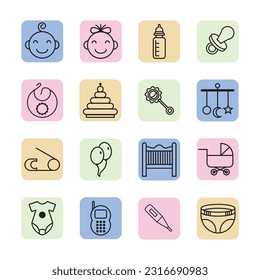 Baby Items Icons Set, Collection Symbols for New Born Kids in Flat design, Vector, White Background