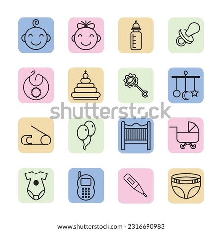 Baby Items Icons Set, Collection Symbols for New Born Kids in Flat design, Vector, White Background