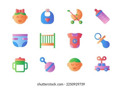 Baby items icons set in color flat design  Pack girl  boy  bib  stroller  bottle  milk  diaper  crib  bodysuit  pacifier  toys  rattle   other  Vector pictograms for web sites   mobile app