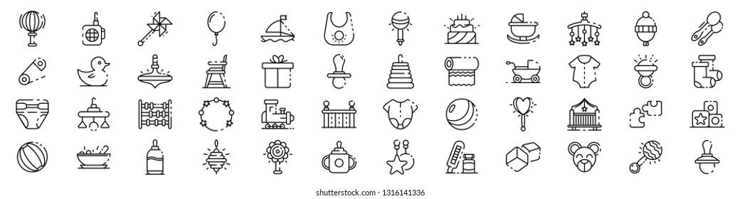 Baby Items Icons Set. Outline Set Of Baby Items Vector Icons For Web Design Isolated On White Background