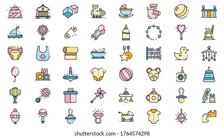 Baby Items Icons Set. Outline Set Of Baby Items Vector Icons Thin Line Color Flat Isolated On White