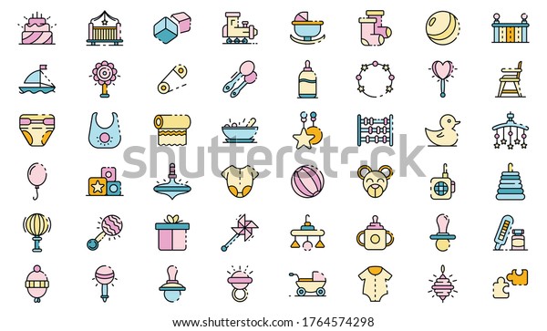 Baby items icons set.\
Outline set of baby items vector icons thin line color flat\
isolated on white