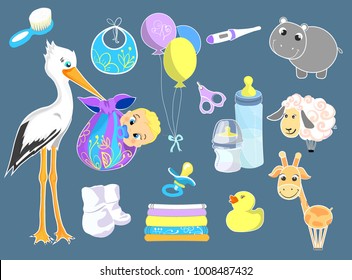 baby items icons,semi-flat design. Baby care accessories.Shower items
