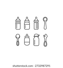 baby items including bottles spoons line art vector