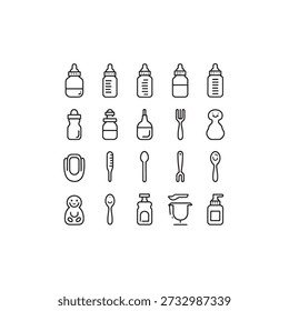 baby items including bottles spoons line art outline