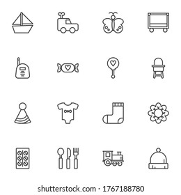 Baby items line icons set, outline vector symbol collection, linear style pictogram pack. Signs, logo illustration. Set includes icons as clothes, socks, romper, feeding chair, candy, crib, medicine